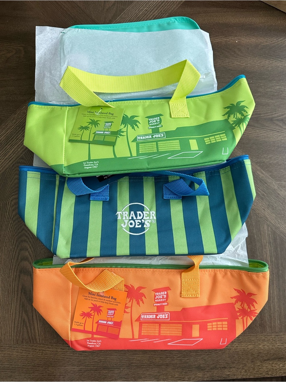 Trader Joe's Mini Insulated Tote Trio - Lime, Teal Stripe, Orange
